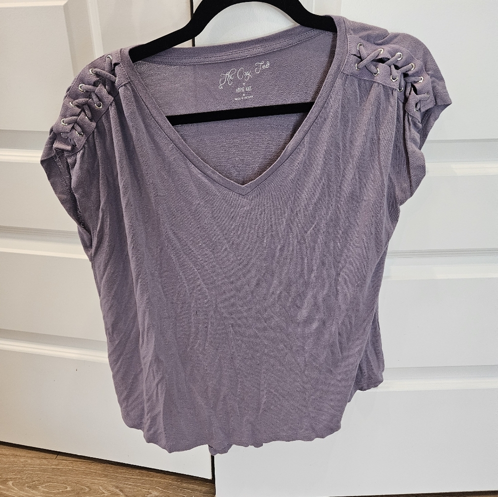 Purple V-Neck Top with Lace-Up Detail